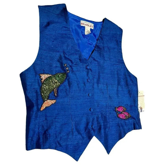 The World According to Bradley 80s Blue Silk Beaded Fish Vntg‎ Vest Size Medium - Picture 8 of 9